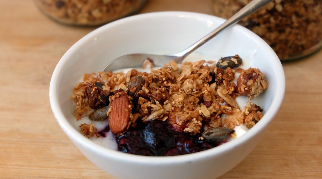 granola in a bowl close up
