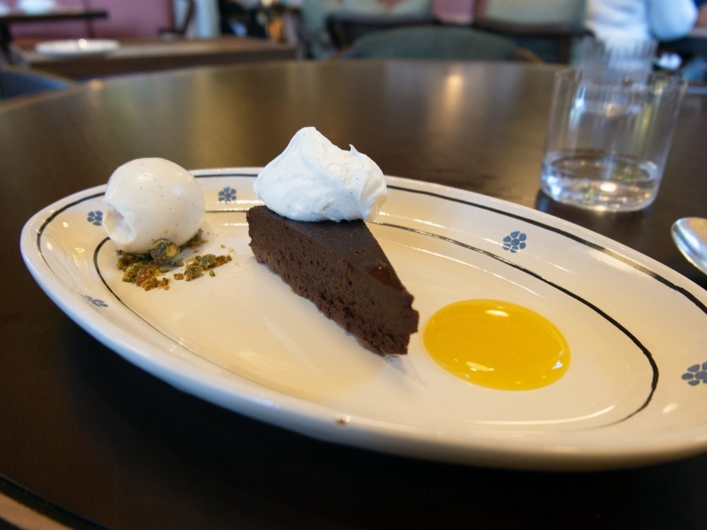 a slice of chocolate tart at Mezzogiorno restaurant