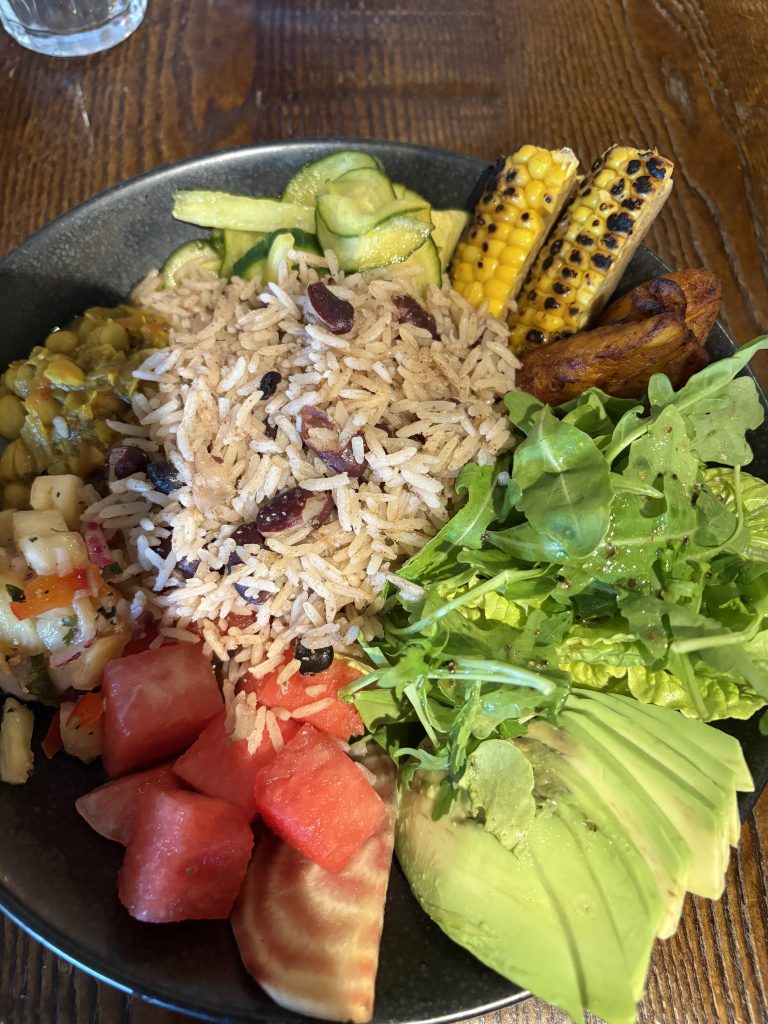 a large mixed salad plate at Turtle Bay in Camden, a hidden gem