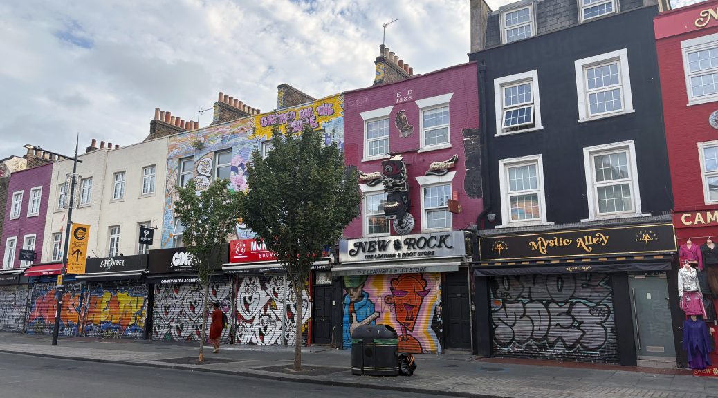 A morning shot of an empty Camden High Street colourful shops